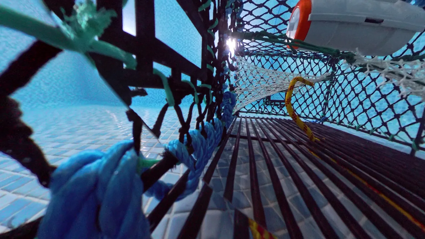 Closed Bait Container fixed inside an underwater creel during the delay